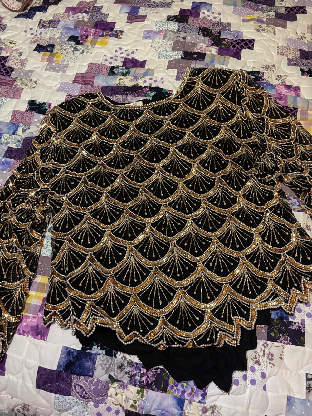 Laurence Kazar Black Velvet Top with Gold and Silver Beaded Scallops